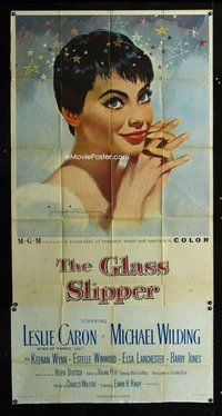 f090 GLASS SLIPPER three-sheet movie poster '55 Weintraub art of Leslie Caron