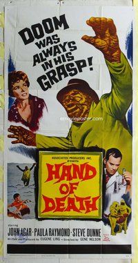 f099 HAND OF DEATH three-sheet movie poster '62 DOOM was in his grasp!