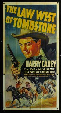 f131 LAW WEST OF TOMBSTONE three-sheet movie poster '38 cool stone litho!