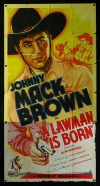 f132 LAWMAN IS BORN three-sheet movie poster '37 Johnny Mack Brown w/gun!