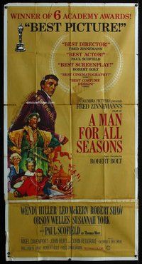 f144 MAN FOR ALL SEASONS three-sheet movie poster '67 Paul Scofield, Shaw