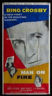 f151 MAN ON FIRE three-sheet movie poster '57 huge Bing Crosby head shot!