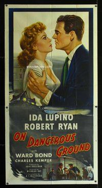 f172 ON DANGEROUS GROUND three-sheet movie poster '51 Nicholas Ray, Lupino