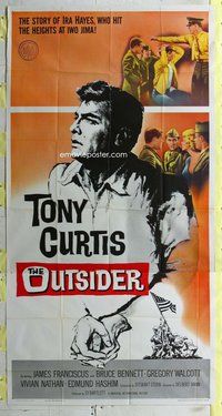f176 OUTSIDER three-sheet movie poster '62 Tony Curtis, Iwo Jima, WWII!