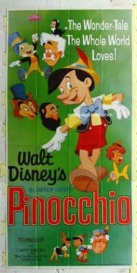 f183 PINOCCHIO three-sheet movie poster R62 Walt Disney classic!