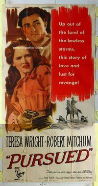 f190 PURSUED three-sheet movie poster '47 Robert Mitchum, Teresa Wright