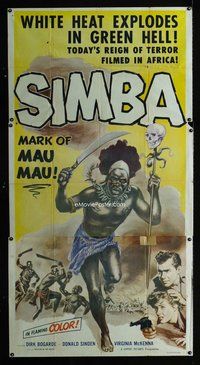 f214 SIMBA three-sheet movie poster '55 Bogarde, Mark of Mau Mau, wild image