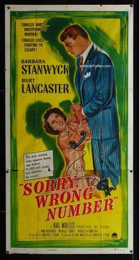 f216 SORRY WRONG NUMBER three-sheet movie poster '48 Lancaster, Stanwyck