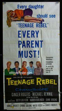 f232 TEENAGE REBEL three-sheet movie poster '56 Ginger Rogers, Michael Rennie