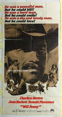 f268 WILL PENNY three-sheet movie poster '68 Charlton Heston, Joan Hackett