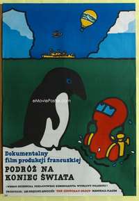 h363 VOYAGE TO THE EDGE OF THE WORLD Polish 27x38 '79 art of scuba diver & penguin by Mlodozeniec!