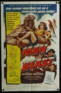 m369 MAN BEAST one-sheet movie poster '56 sub-human Yeti monsters, horror!