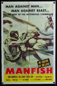 m379 MANFISH one-sheet movie poster '56 Lon Chaney Jr. against beast!