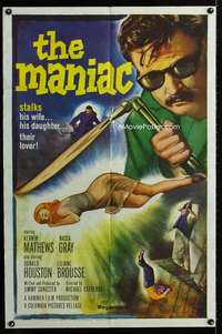 m380 MANIAC one-sheet movie poster '63 Kerwin Mathews, Hammer horror!