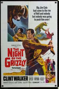 m472 NIGHT OF THE GRIZZLY one-sheet movie poster '66 Clint Walker vs bear!