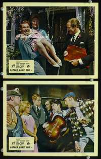 p462 FATHER CAME TOO 2 color vintage movie English Front of House lobby cards '63 Justice