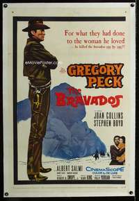 s068 BRAVADOS linen one-sheet movie poster '58 Gregory Peck, Joan Collins