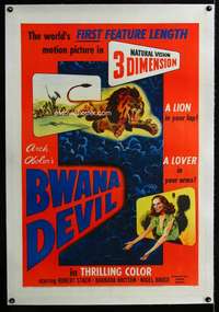 s076 BWANA DEVIL linen one-sheet movie poster '53 1st 3-D, lion in your lap!