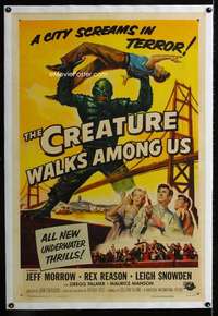 s098 CREATURE WALKS AMONG US linen one-sheet movie poster '56 great sequel!