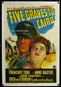 s130 FIVE GRAVES TO CAIRO linen one-sheet movie poster '43 Billy Wilder