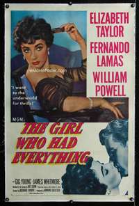 s151 GIRL WHO HAD EVERYTHING linen one-sheet movie poster '53 Liz Taylor