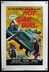 s184 HOT CAR GIRL linen one-sheet movie poster '58 she's Hell-on-wheels!