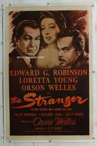 s320 STRANGER 1sh R53 cool close up artwork of Orson Welles, Edward G. Robinson & Loretta Young!