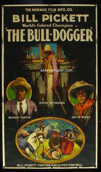 w011 BULL-DOGGER linen three-sheet movie poster '21 Bill Pickett fights bull!