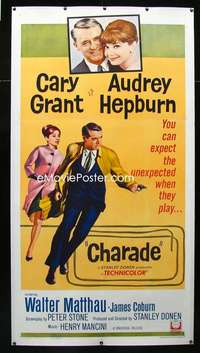 w016 CHARADE linen three-sheet movie poster '63 Cary Grant, Audrey Hepburn