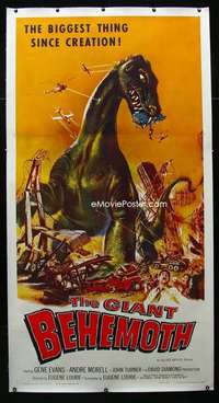w020 GIANT BEHEMOTH linen three-sheet movie poster '59 prehistoric dinosaurs!