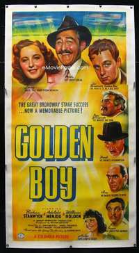 w021 GOLDEN BOY linen three-sheet movie poster '39 Stanwyck, Holden, boxing!