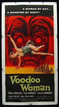 w030 VOODOO WOMAN linen three-sheet movie poster '57 AIP, cool horror artwork!