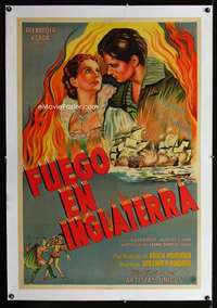 w341 FIRE OVER ENGLAND linen Argentinean movie poster '37 Wagener art!