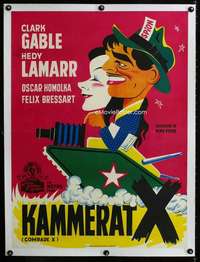 w300 COMRADE X linen Danish movie poster '50 Gable & Lamarr by Gaston