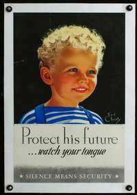 w049 PROTECT HIS FUTURE linen war poster '43 Earl Christy