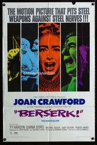 y921 BERSERK one-sheet movie poster '67 crazy Joan Crawford, circus horror!