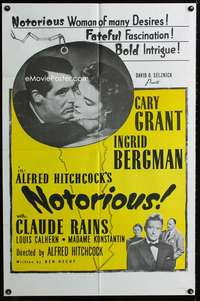 y412 NOTORIOUS one-sheet movie poster R54 Cary Grant, Ingrid Bergman