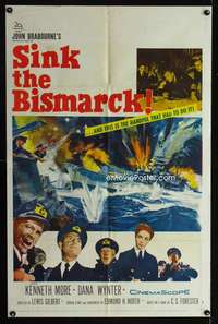 y280 SINK THE BISMARCK one-sheet movie poster '60 Kenneth More, WWII!
