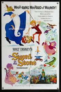 y170 SWORD IN THE STONE one-sheet movie poster '64 Disney, King Arthur!