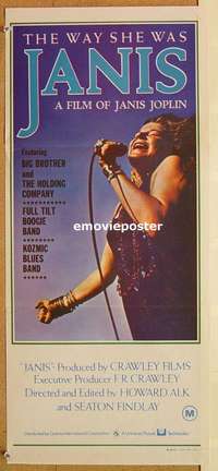a649 JANIS Aust daybill movie poster '75 Joplin, rock 'n' roll!