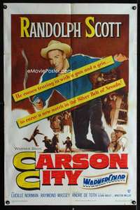 b177 CARSON CITY one-sheet movie poster '52 Randolph Scott w/gun & grin!