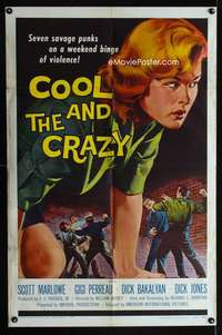 b235 COOL & THE CRAZY one-sheet movie poster '58 savage punks on a binge!