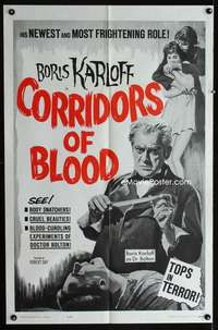 b236 CORRIDORS OF BLOOD one-sheet movie poster '63 Boris Karloff, Chris Lee