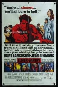 b352 ELMER GANTRY one-sheet movie poster '60 Burt Lancaster, Jean Simmons