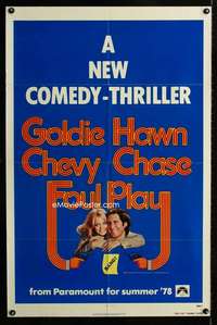 b395 FOUL PLAY teaser one-sheet movie poster '78 Goldie Hawn, Chevy Chase