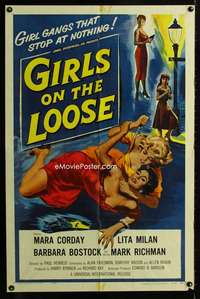 b451 GIRLS ON THE LOOSE one-sheet movie poster '58 classic catfight image!