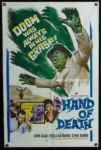b514 HAND OF DEATH int'l one-sheet movie poster '62 DOOM was in his grasp!