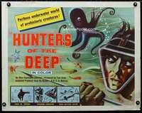 d291 HUNTERS OF THE DEEP half-sheet movie poster '55 octopus & diver!