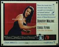 d648 TOO MUCH TOO SOON half-sheet movie poster '58 Dorothy Malone, Flynn