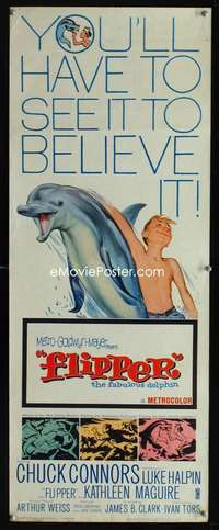f203 FLIPPER insert movie poster '63 Connors, Luke Halpin, dolphin!